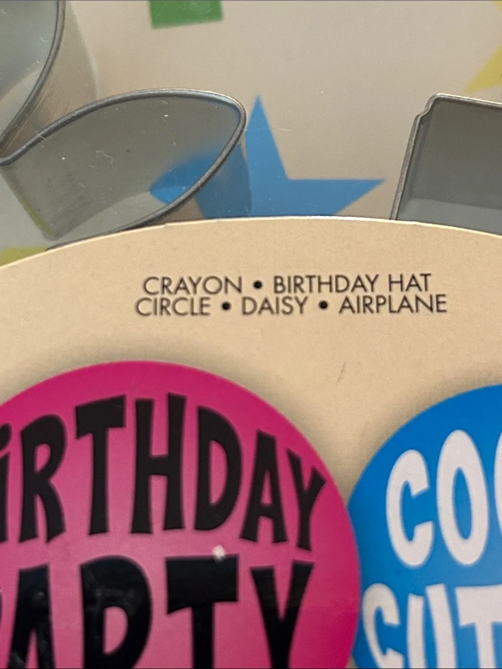 Birthday Party Cookie Cutters Set - hat, daisy, airplane, crayon, circle
